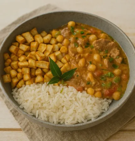 Strogonoff vegano com arroz branco e batata doce